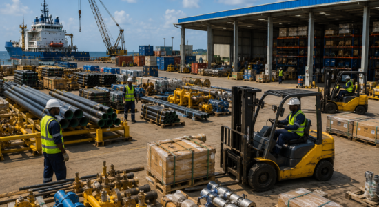 Supply base operations- lay down areas and warehousing for oil field materials. Supply base operations- lay down areas and warehousing for oil field materials.